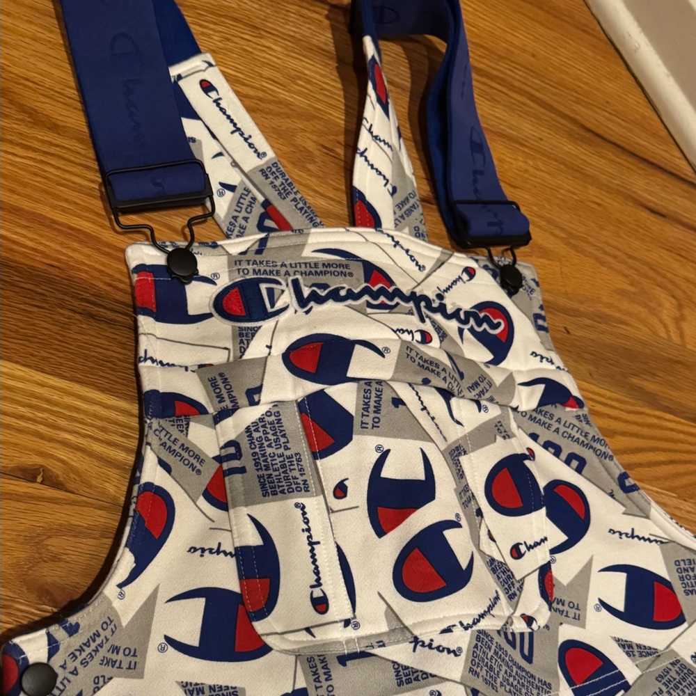 Champion White Overalls with Red & Blue Logo Print